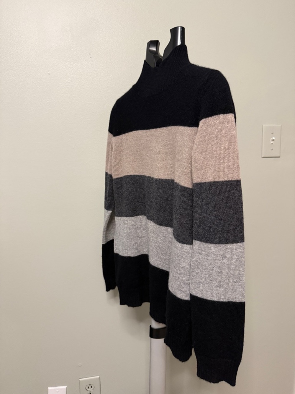 Bloomingdale's Cashmere Black, Beige, Charcoal & Light Gray Striped Sweater - Picture 2 of 4